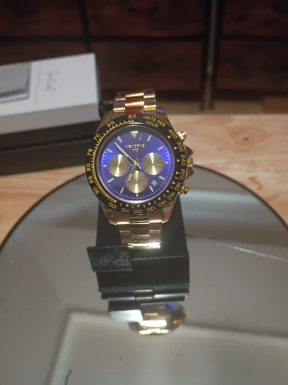 Gold Tone Chronograph Watch with Blue Dial